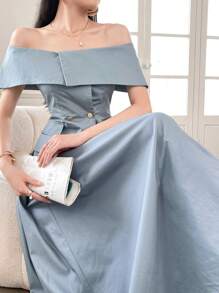 Modelyn 女士露肩双排扣上衣和裙子两件套，简约风格两件套 - 綠色 - 查看 11