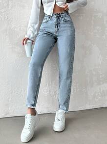 SHEIN Cottnline High Waisted Washed Denim Jeans - Light Wash - View 3