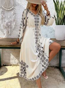 Breezaya Vestido largo elegante y encantador con manga larga y cinturón en la cintura - Albaricoque - Ver 1