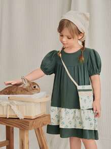 SHEIN 圓領泡袖麻布拼花印花少女連衣裙，帶有提包肩帶設計 - 墨綠色 - 查看 4