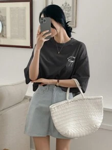 DAZY Áo thun nữ mùa hè in hình bướm dáng rộng cổ tròn thả vai tay ngắn thường ngày dễ thương Áo thun cỡ lớn - Màu xám đen - Xem 2