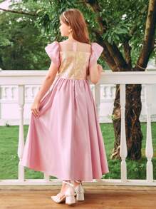 Tween Girl Front Bow Decor Satin Puff Sleeve Gold Jacquard Fabric Party Gown Dress - Multicolor - View 2