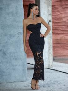 黑色双层蕾丝腰部镂空露背抹胸连衣裙，优雅鸡尾酒会、半正式舞会、婚礼宾客礼服，适合生日、毕业典礼、晚宴、返校节、情人节派对等春季场合。 - 黑色 - 查看 3