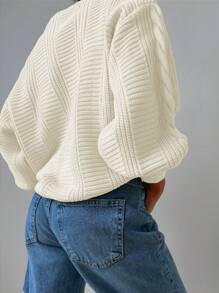 EURMUSE Solid Drop Shoulder Cable Knit Cardigan - Beige - View 2