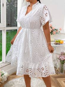 Sunnyshic Plus Size Boho Summer Short Sleeve Dress With Tie Neck, Simple Eyelet Embroidered Ruffle Hem Vacation Beach Outfits Women