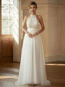 Halter Neck Contrast Sequin Mesh Wedding Dress - White - View 1