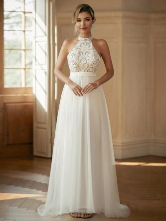 Halter Neck Contrast Sequin Mesh Wedding Dress