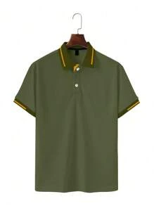 Manfinity Homme 男士加大码撞色短袖休闲 Polo 衫，适合夏季工作装、外出装 - 綠色 - 查看 3