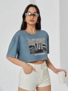 RueChic Women Printed Rhinestone Detailed Crop T-Shirt - Grey - View 5