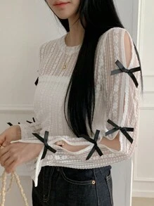 DAZY Blusa sencilla y lisa con decoración de lazo, manga larga para mujer, ideal para uso diario en verano