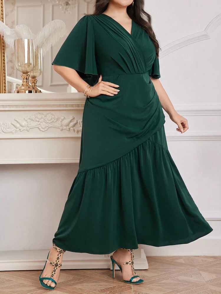 Plus Size Elegant Solid Color Waist Cinched Dress With Belt Long Evening Dresses