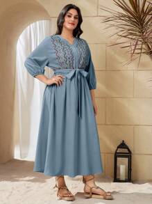 Mulvari Plus Size Bohemian Style V-Neck Belted Dress For Summer - Blue - View 7