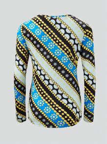 SHEIN LUNE Women's Polka Dot Printed Round Neck Long Sleeve Casual T-Shirt For Spring/Summer