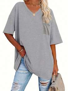 SHEIN LUNE T-shirt décontracté grande taille pour femmes d'été unicolore en couleur avec poche à col en V et manches courtes