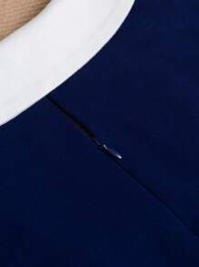 HOMEYEE 復古風格短袖立領對比色塊修身連衣裙，適用於職業和優雅的OL造型