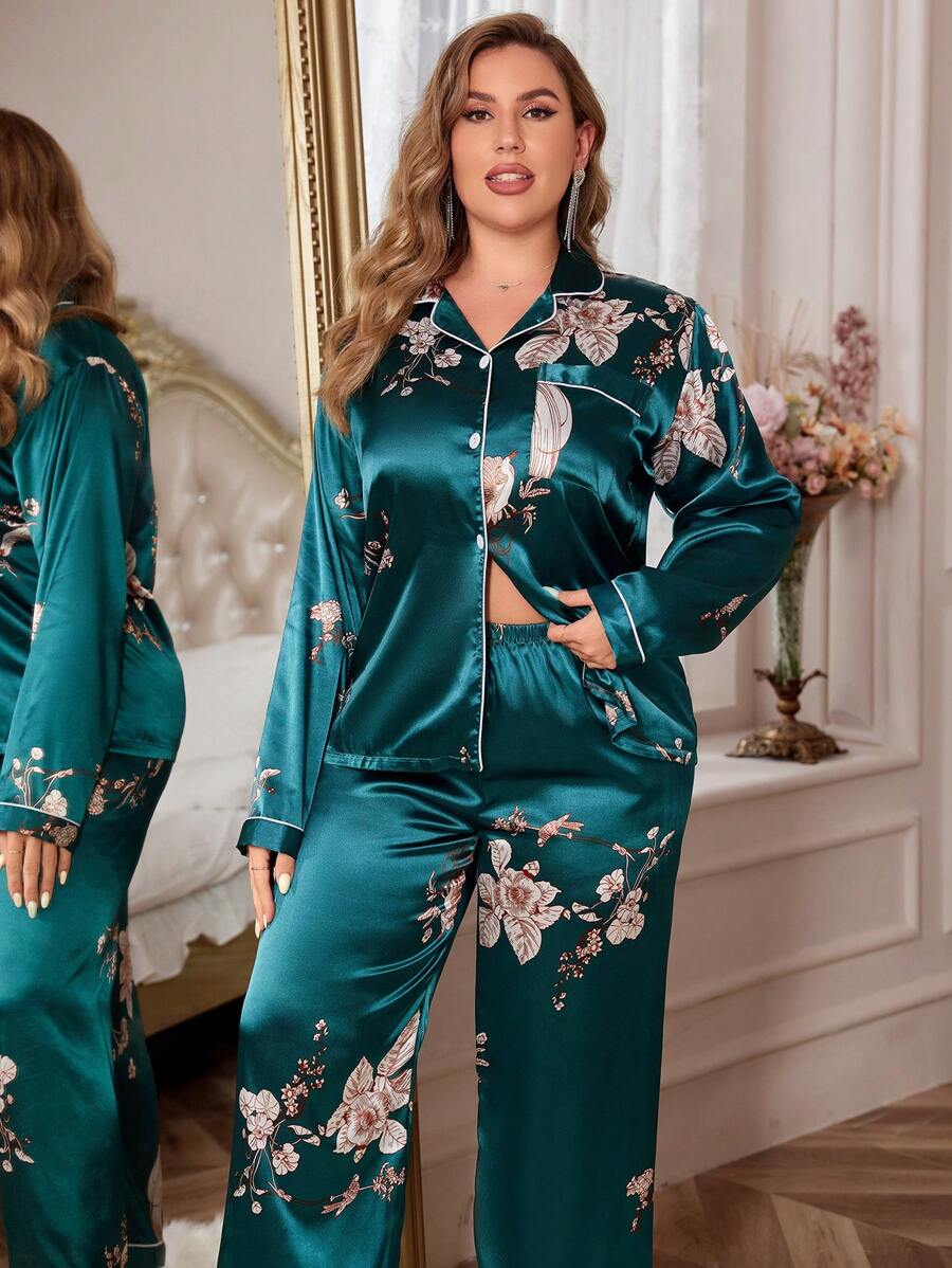 LuxeNights Große Größen Schlafanzug Set mit Blume Muster und Kontrastpaspeln aus Satin, Urlaubskollektion