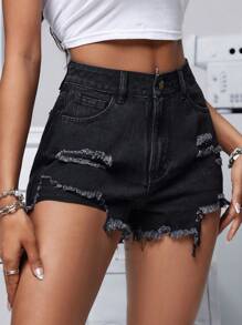 SHEIN PETITE Summer Casual Distressed Frayed Denim Shorts