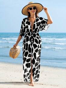Swim Lushoire Summer Holiday Cow Print Drawstring Waist Batwing Sleeve Beach Cover-Up Kimono,Summer Beach - Multicolor - View 4