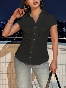 SHEIN Unity 女士纯色简约日常短袖衬衫、短袖上衣 - 黑色 - 查看 5