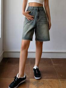 DAZY Shorts Denim Casuais Soltas Femininas com Bolsos, Shorts Denim - Lavagem Média - Visão 3