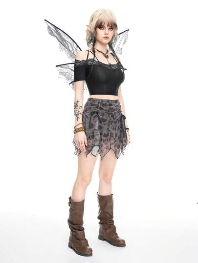 Fairycore T-shirt ajusté pour femme avec encolure dégagée à épaules dénudées et volants avec bordure en dentelle