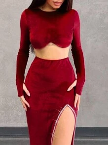 EURMUSE Women's 2pcs/Set, Asymmetrical Hem T-Shirt And Rhinestone Embellished Split Skirt - Red and White - View 3