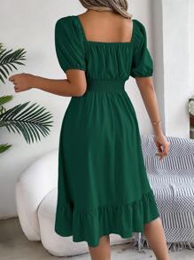 Spring/Summer Casual Vacation Puff Sleeve Drawstring Short Sleeve Floral Dress - màu xanh lá - Xem 2