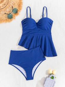 SHEIN Swim Women's Summer Holiday Solid Color Ruffle Hem Tankini With Triangle Briefs Bikini Swimwear Set,Summer Beach - Royal Blue - View 8