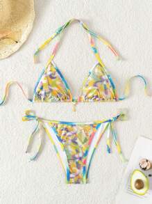 SHEIN Swim 女士扎染露背性感度假比基尼套装，比基尼套装分体夏季海滩装 - 彩色 - 查看 1