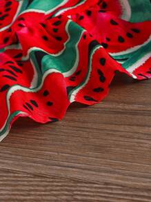 SHEIN Baby Girl Cute Vacation Cartoon Pattern Square Neck Cap Sleeve Dress, Summer - Red - View 4