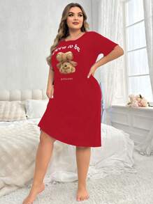 Vestido de pijama casual de manga corta con estampado de oso para tallas grandes, para primavera y verano, vestido de noche Moo Moo - Burdeos - Ver 5