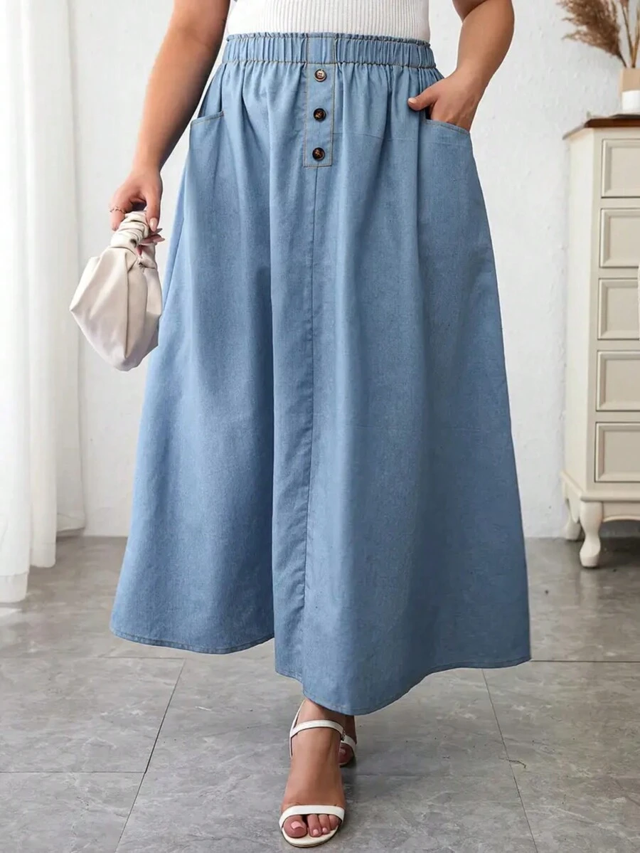 Plus Size Women's Solid Color Long Casual Skirt, Spring Summer - Blue - View 1