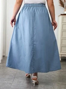 Plus Size Women's Solid Color Long Casual Skirt, Spring Summer - Blue - View 2