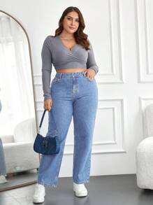 RueChic Hơn Cao eo Quần legging thẳng - Rửa trung bình - Xem 4