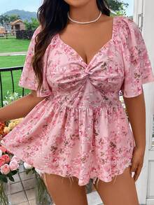 SHEIN SunnyBelle 大码浪漫休闲短袖亨利衫荷叶边上衣 - 粉色 - 查看 4
