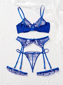 SHEIN Plus Size Đồ lót thêu hoa xuyên thấu gợi cảm cho mùa hè - Màu xanh lam - Xem 2