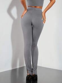 SHEIN BAE 休閒實色高腰開衩褲裝 - 咖啡棕 - 查看 4