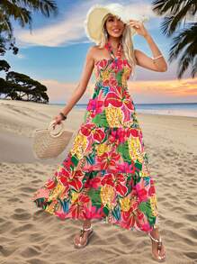 SHEIN VCAY Robe florale d'été pour femmes, style licou, décontractée, de vacances - Multicolore - Voir 1