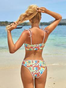 SHEIN Swim Twisted Design Spaghetti Straps Full Printed Vacation Style Summer Bikini Set - Multicolor - View 2