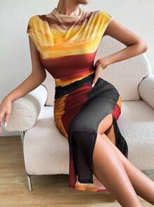 Chiquease Mesh See-Through Bodycon Dress With Off-Shoulder And Flounced Sleeves, Ruched And Side Slits - Multicolor - View 5