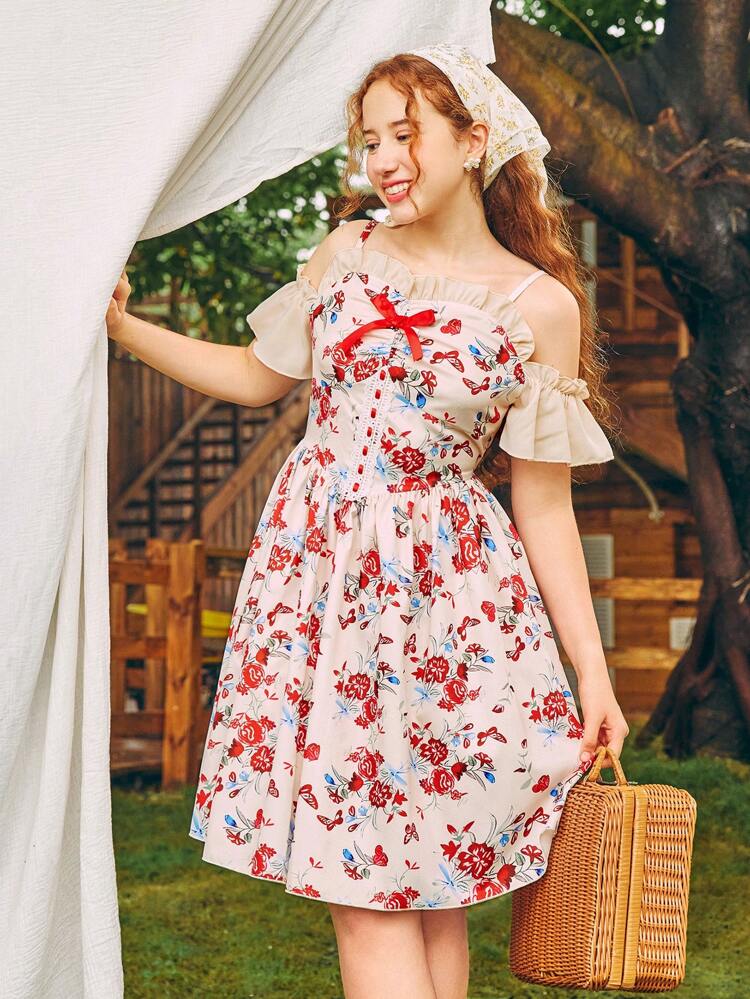 Teen Girl Summer Elegant Vacation Style Cold Shoulder Floral Print Dress With Straps Design, Suitable For Holiday Gathering