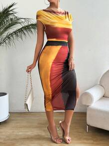 Chiquease Mesh See-Through Bodycon Dress With Off-Shoulder And Flounced Sleeves, Ruched And Side Slits - Multicolor - View 4
