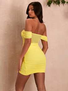 SHEIN BAE Summer Yellow Off Shoulder Sexy Elegant Mini Dress With Draping And Sheer Design For Women
