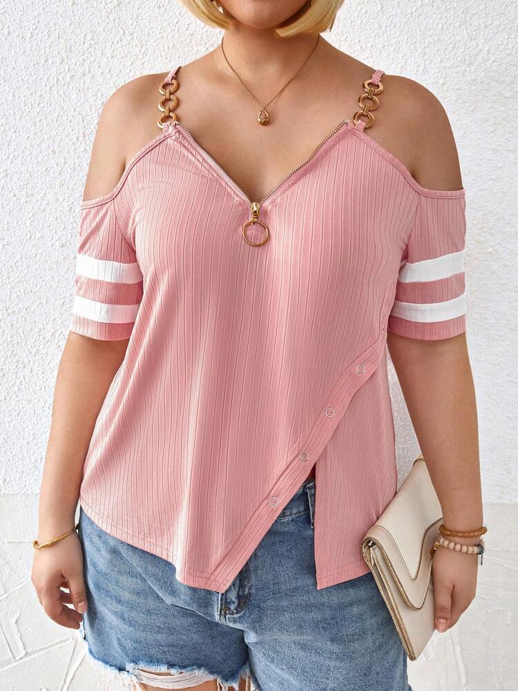 Plus Size Women's Striped Open Shoulder Zipper Half-Placket Split Hem Casual T-Shirt For Summer