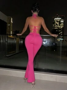 Zolique Hollowed-Out Waist Halter Red Flared Split Jumpsuit - Hot Pink - View 2