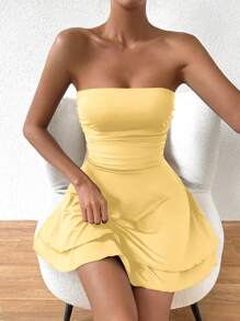 Allurite 女士純色簡約日常無肩帶褶皺連衣裙