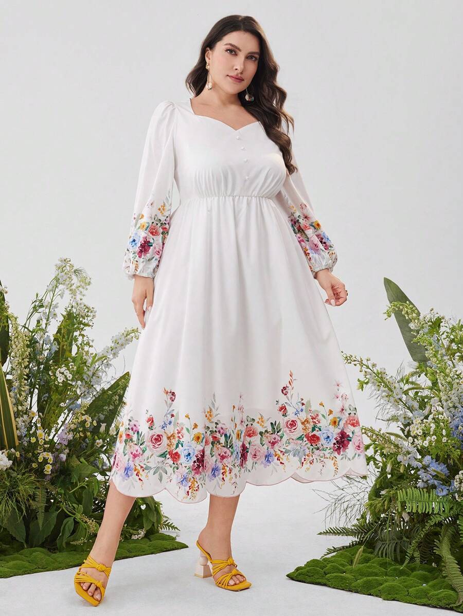 Seusyu Ropa árabe simple diaria para mujeres de talla grande con impresión aleatoria - Blanco - Ver 1