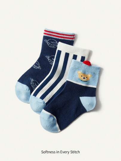 Cozy Pixies 3pairs/Set Cute Bear And Planet Design Baby Socks