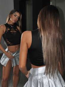 SHEIN ICON Trang phục hòa nhạc mùa hè Y2k dành cho nữ Lễ hội Rave Cổ dây màu trơn Áo yếm mùa hè gợi cảm với thiết kế Burnout - màu đen - Xem 3