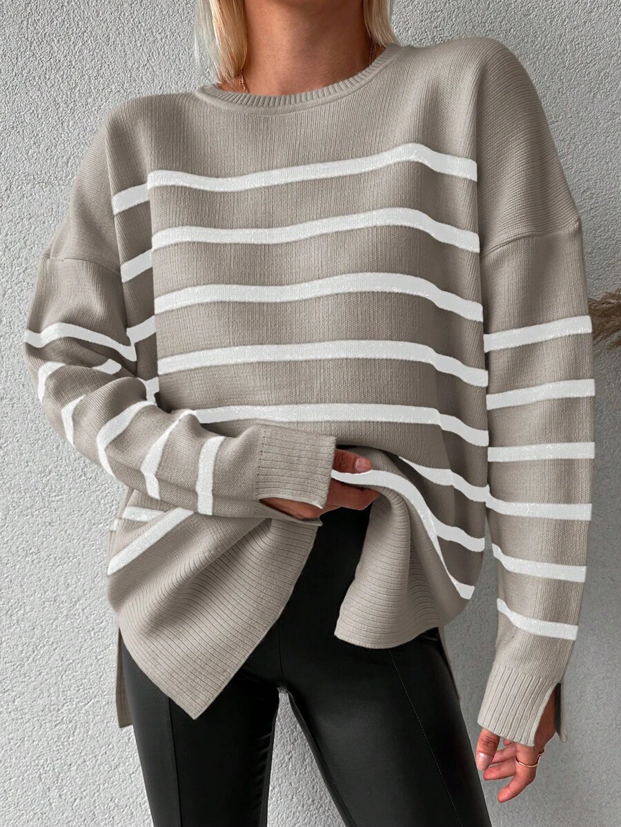 EURMUSE 女用條紋落肩寬鬆毛衣